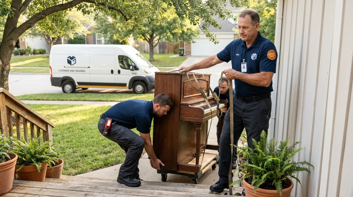 Licensed piano movers securing grand piano in Shelburne Falls, MA