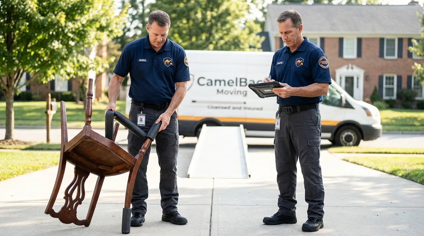 Movers inspecting furniture for damage prevention before loading in Shelburne Falls, MA