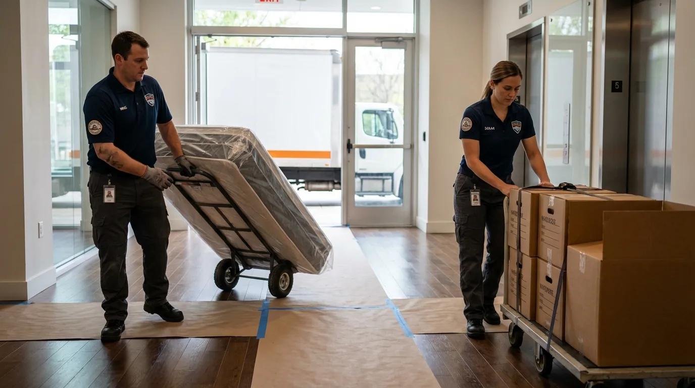 Professional apartment movers loading elevator in Shelburne Falls, MA