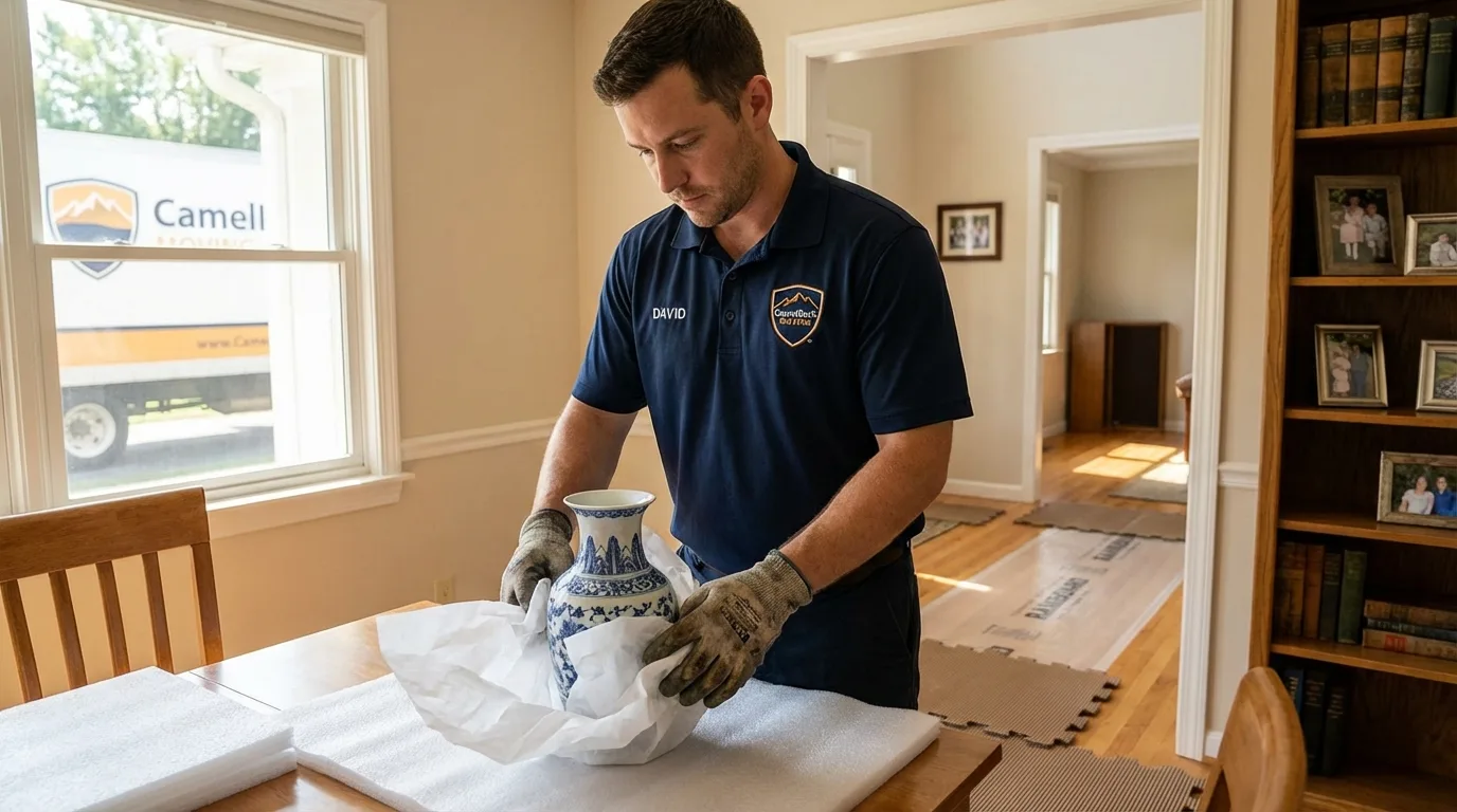 Professional crew carefully wrapping antique vase for senior downsizing move in Shelburne Falls, MA